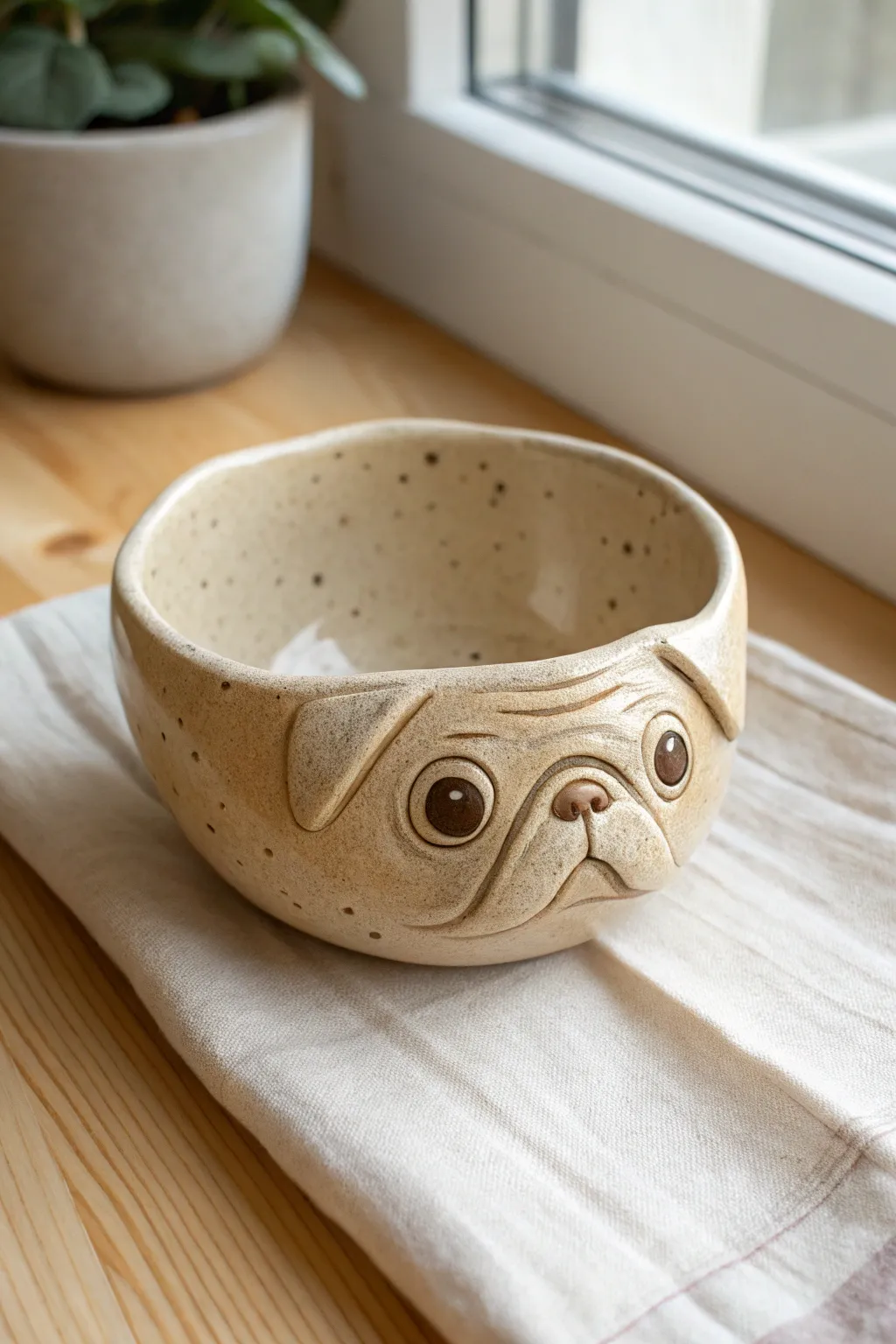 A sweet pug-inspired pinch pot bowl, minimalist and cozy for candy, rings, and tiny treasures.