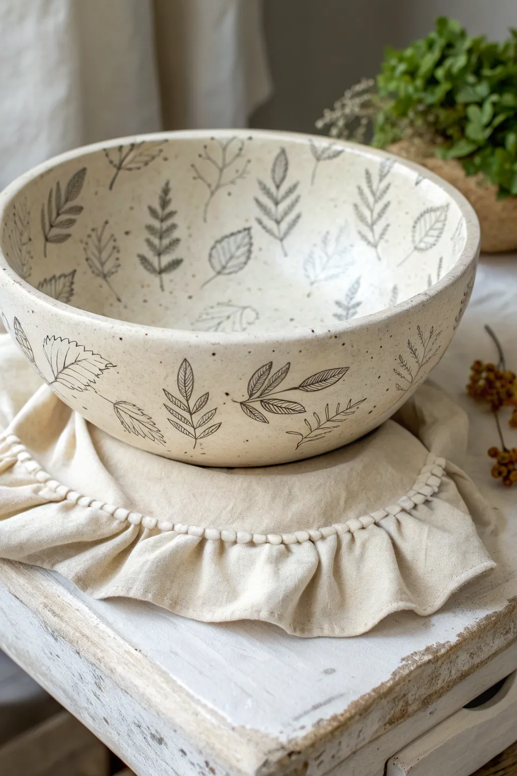 Botanical stamped drape bowl with clear glaze pooling in the leaf impressions, calm and minimal.