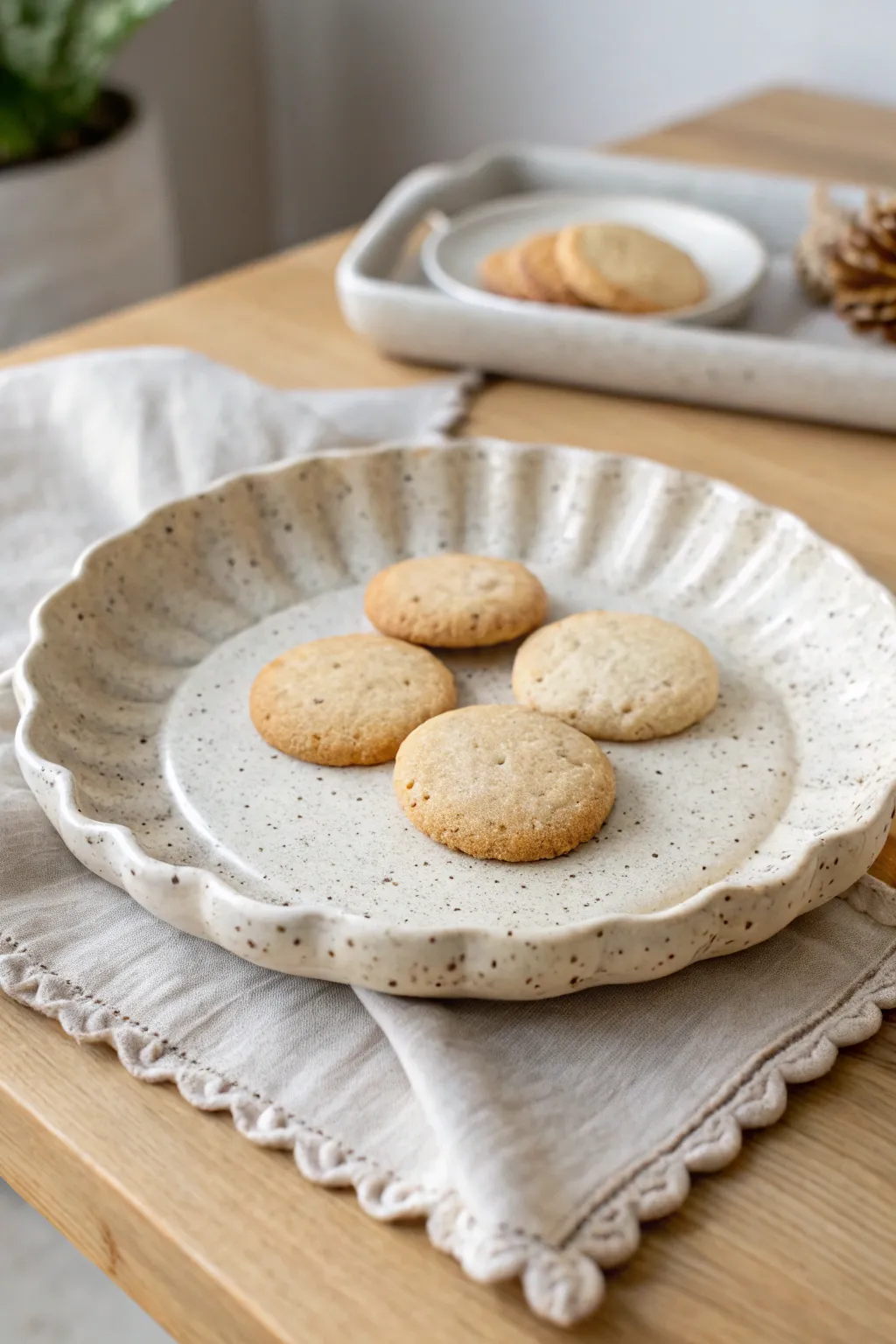 Scalloped drape-mold cookie plate in speckled stoneware, styled simply for cozy minimal vibes