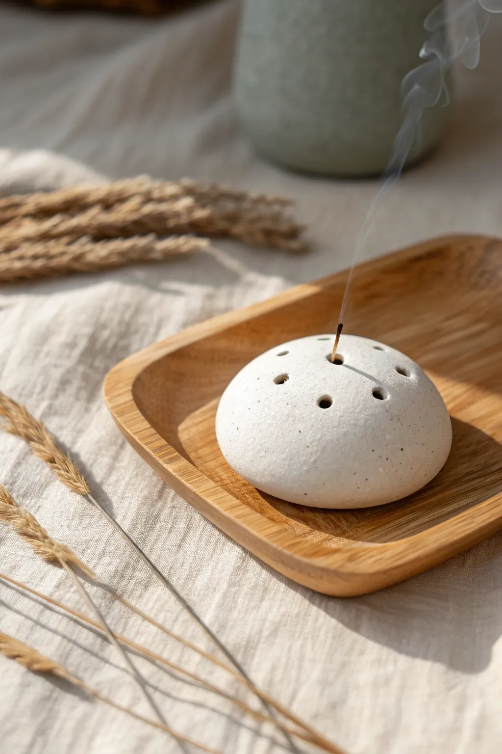 Minimal pebble-style air-dry clay incense holder with delicate dots on a warm wood tray