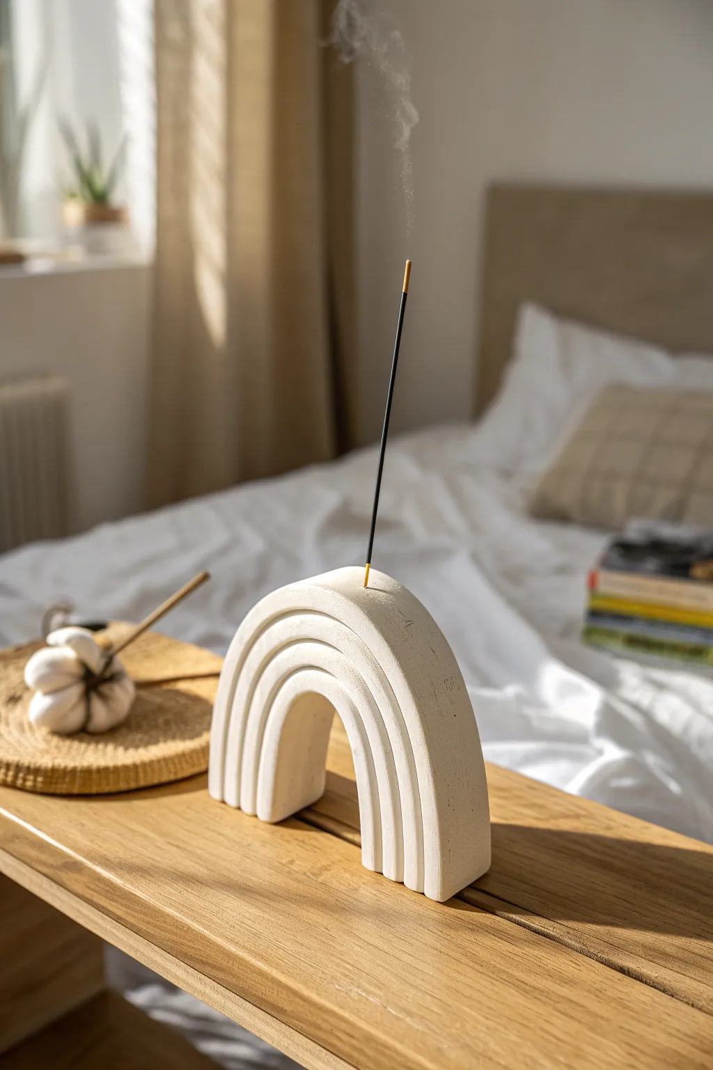 Modern arch air-dry clay incense holder in soft neutrals, minimal bedside styling with calm contrast.