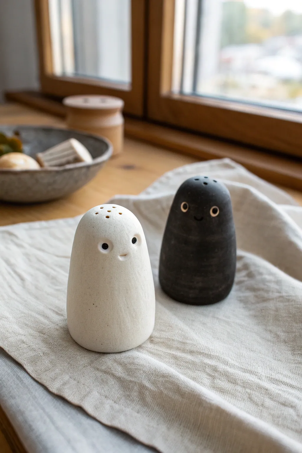Adorable clay shaker duo in light and dark tones, minimalist faces and cozy Nordic style.