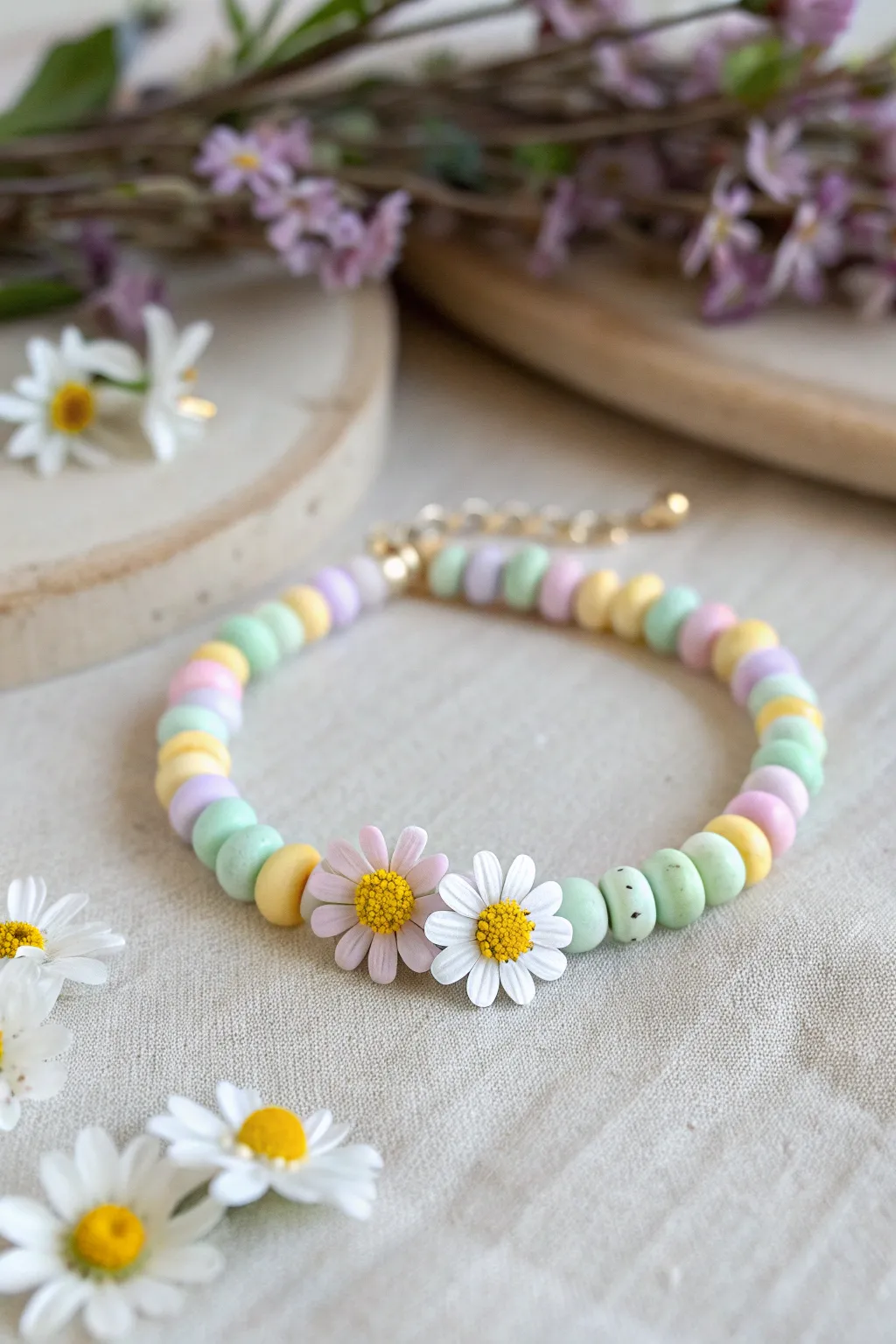 Pastel heishi bracelet with daisy spacers, styled beside soft spring blooms on linen.