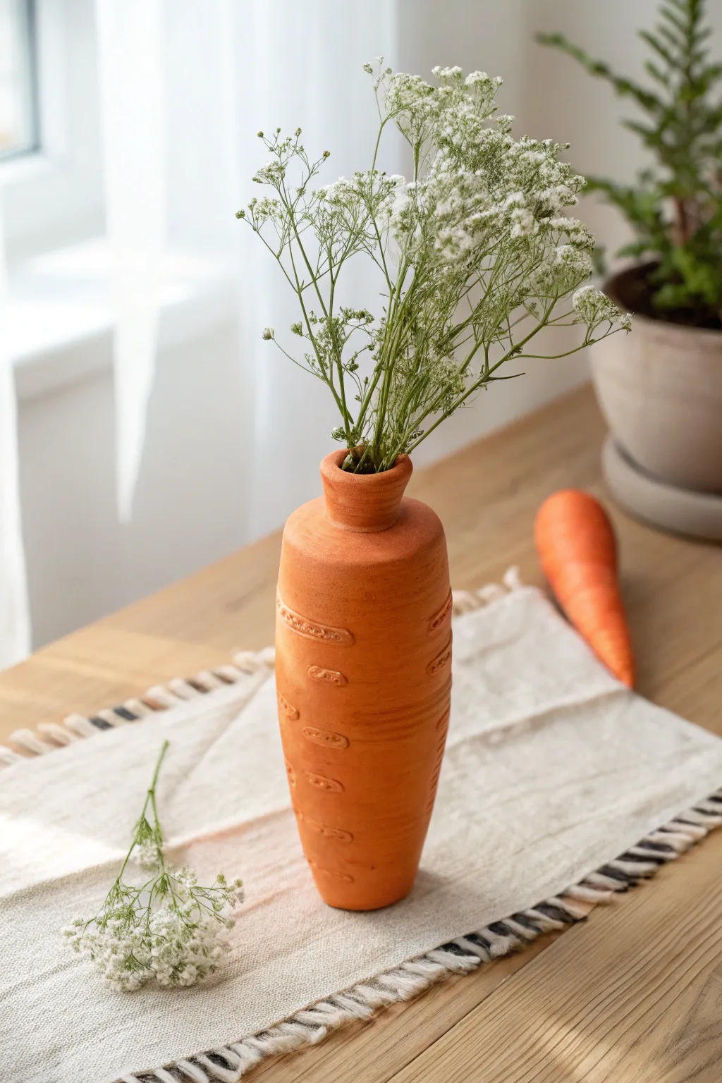 Sweet carrot mini vase in orange clay with tiny white blooms for a simple Easter centerpiece.