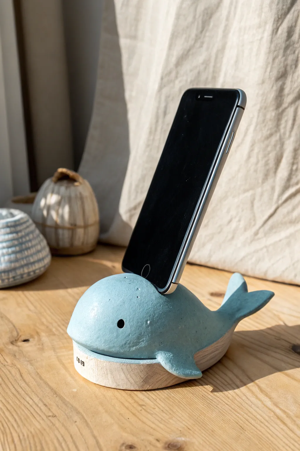 Minimal blue clay whale phone stand with a simple slot, cozy Scandinavian look and clean contrast.