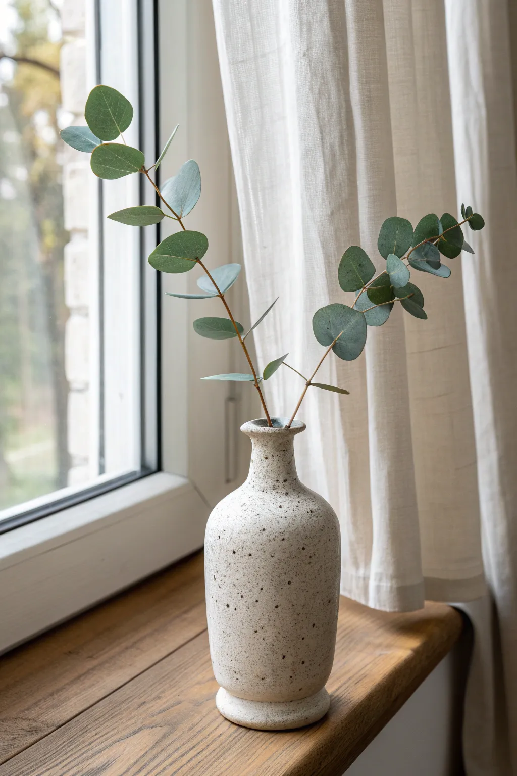 Slab-built bud vase with a softly pinched neck, styled with two stems in calm Nordic light.