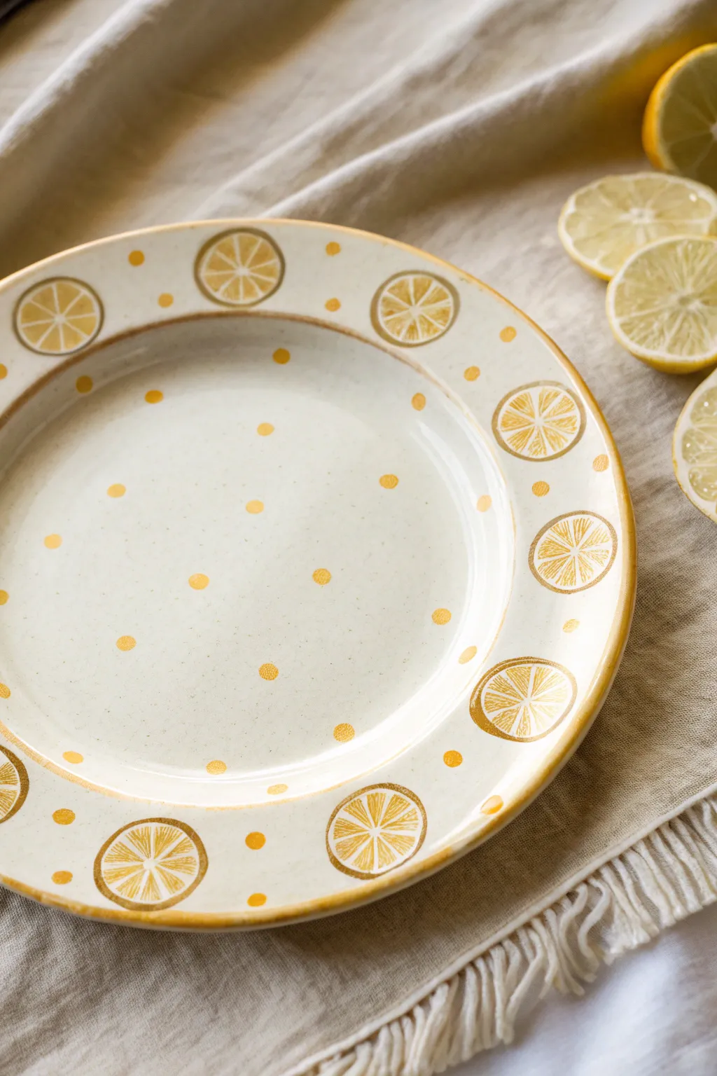 Sunny lemon slices and tiny dots on a simple white plate for an easy, cheerful design.