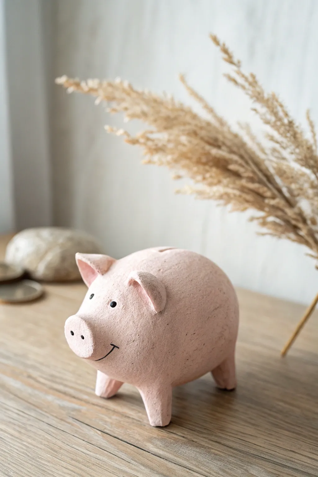 Sweet pink clay pig with coin snout, a smooth beginner friendly animal idea for cozy decor.