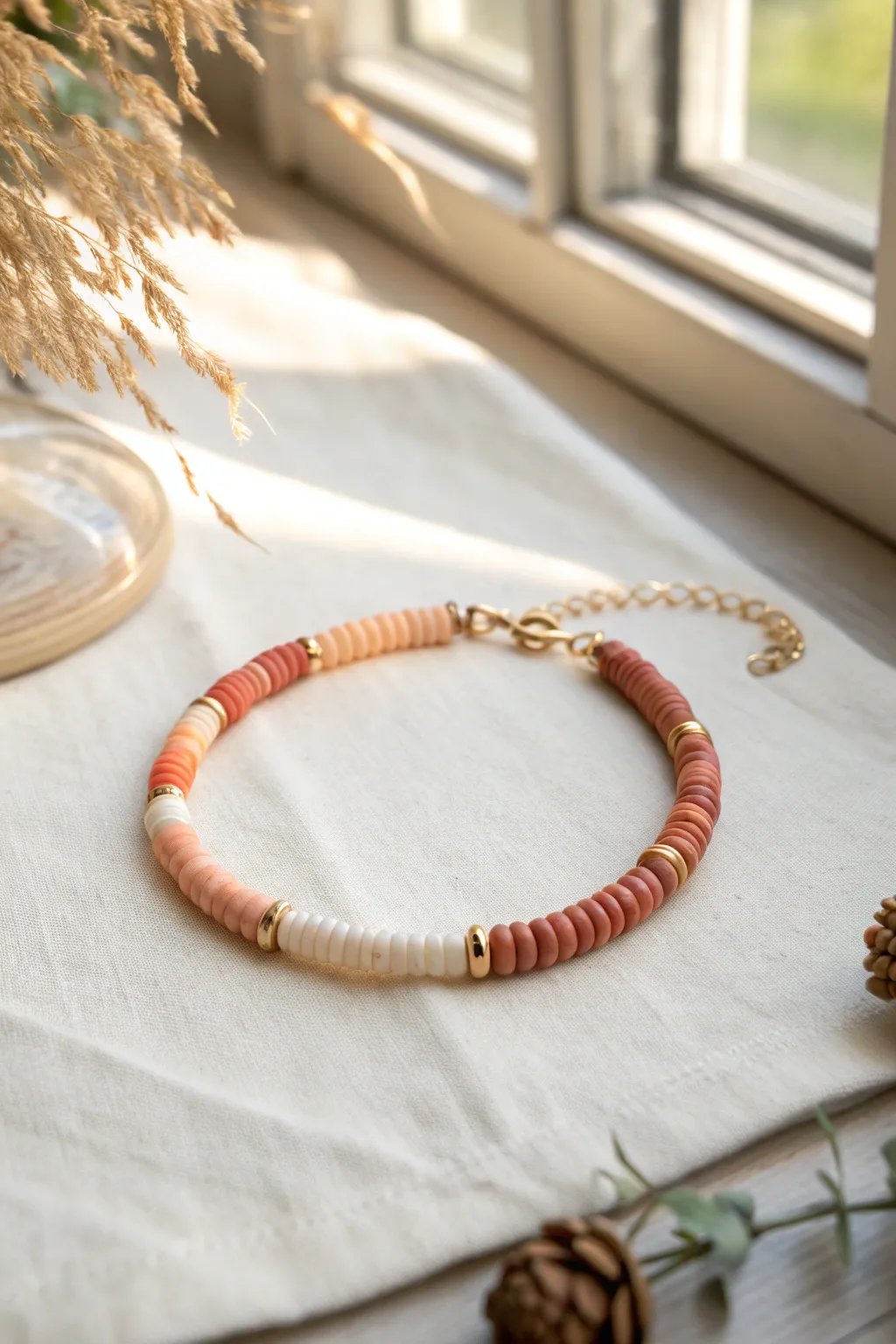 Ombre clay heishi bracelet in a smooth terracotta-to-blush fade, simple, chic, and easy to make.