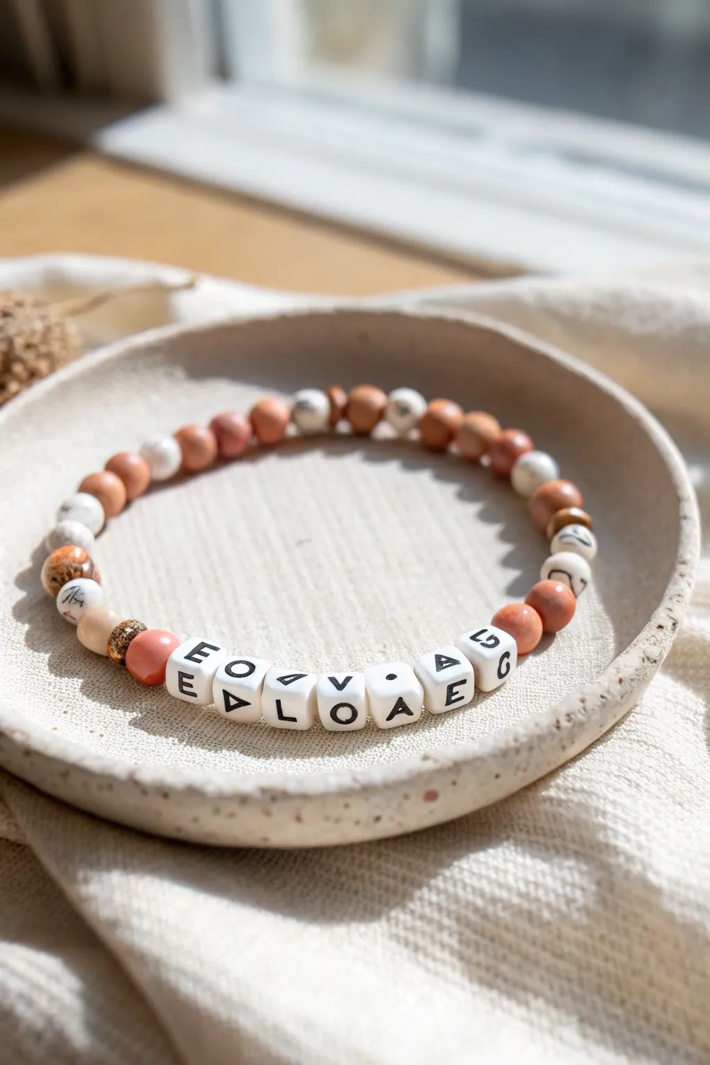 Minimal clay bead bracelet with centered letter beads, soft blush and terracotta tones, easy DIY look