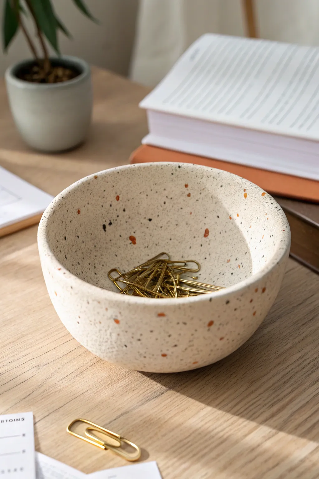 Speckled terrazzo clay bowl that turns simple paper clips into a pretty desk moment.