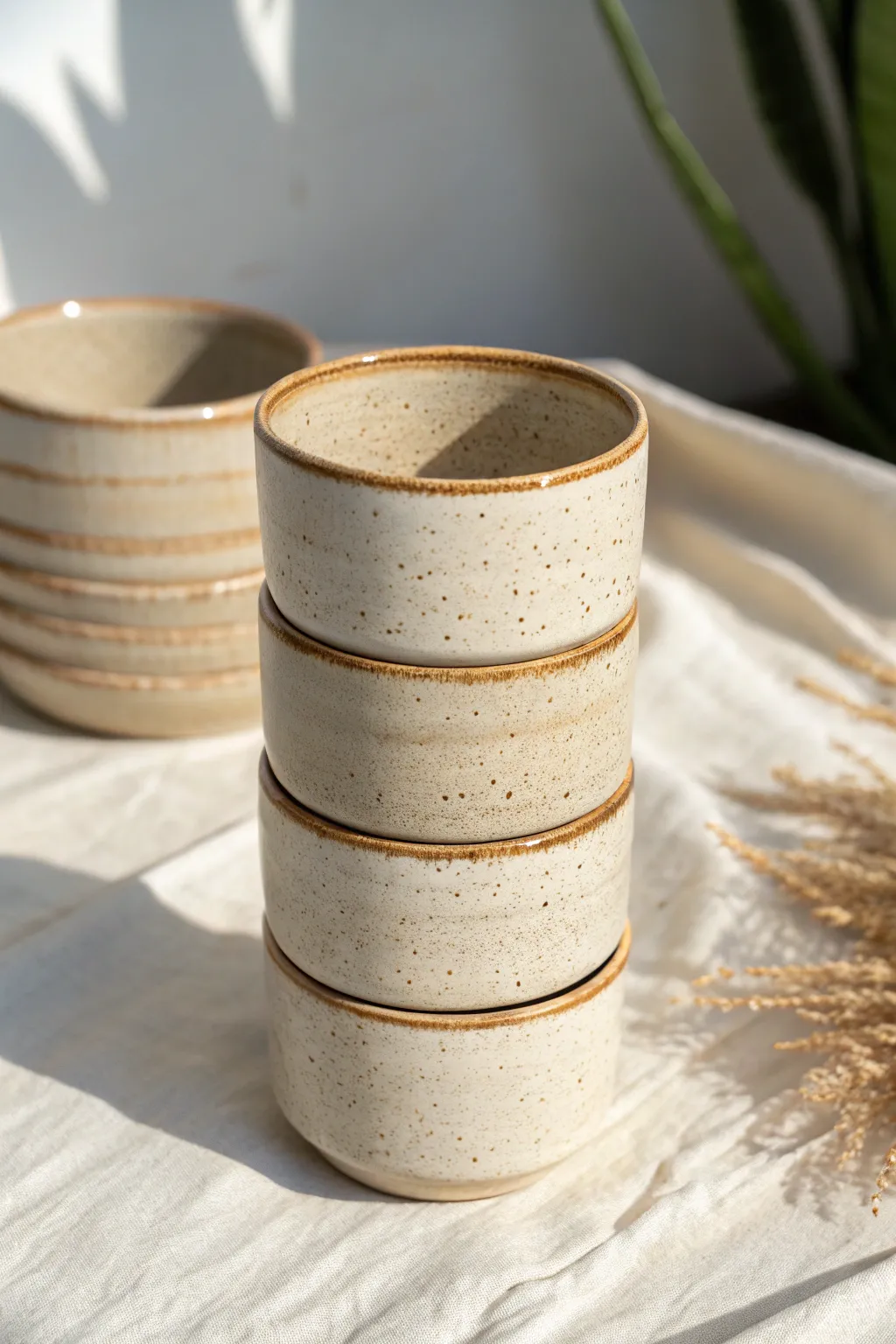 Three minimalist stackable clay cups in warm neutrals, showcasing simple straight-sided form.
