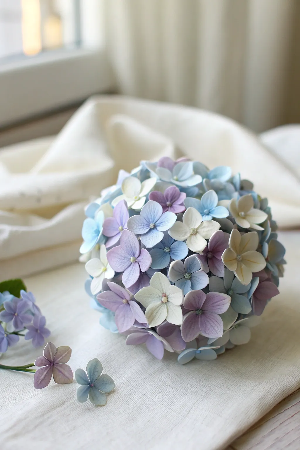 Pastel clay hydrangea cluster in lavender and sky blue, styled minimal on linen.