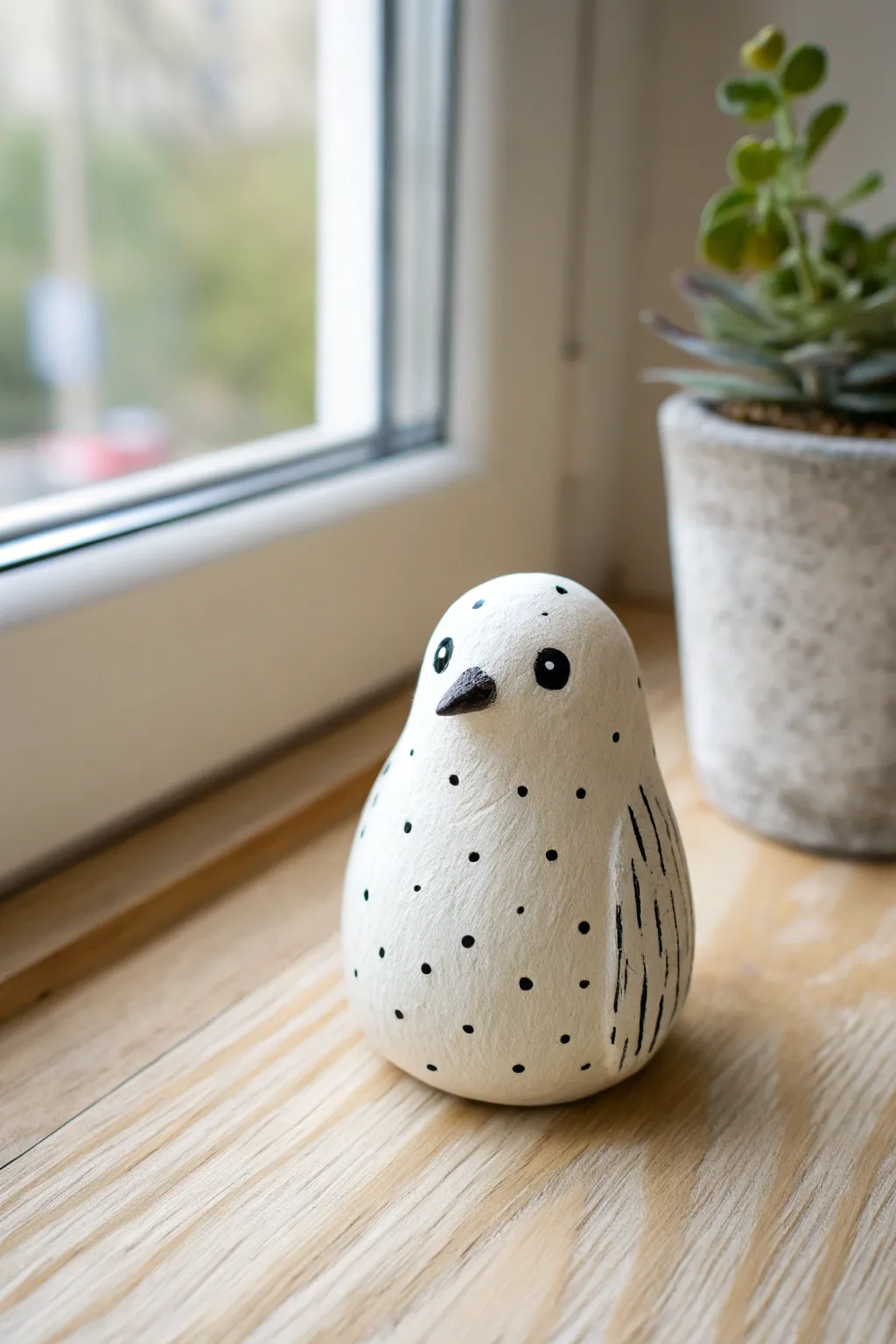 One-ball blob animal: a smooth clay penguin with tiny painted dots, minimalist and cute