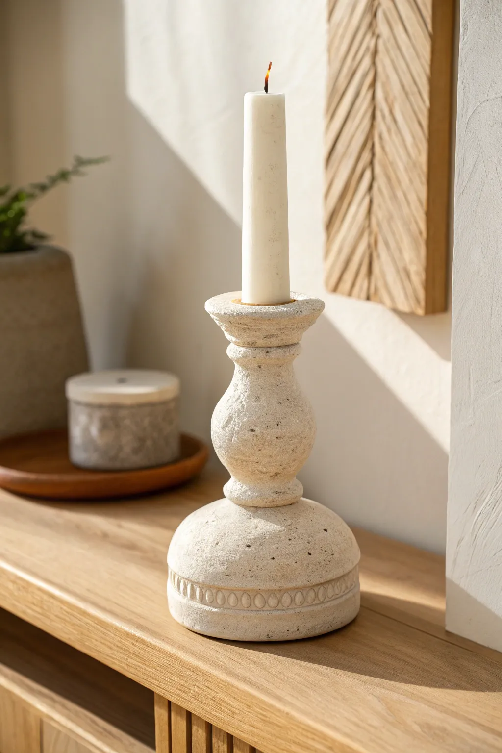 Modern DIY clay candle holder with a bold shape, clean lines, and cozy minimalist charm
