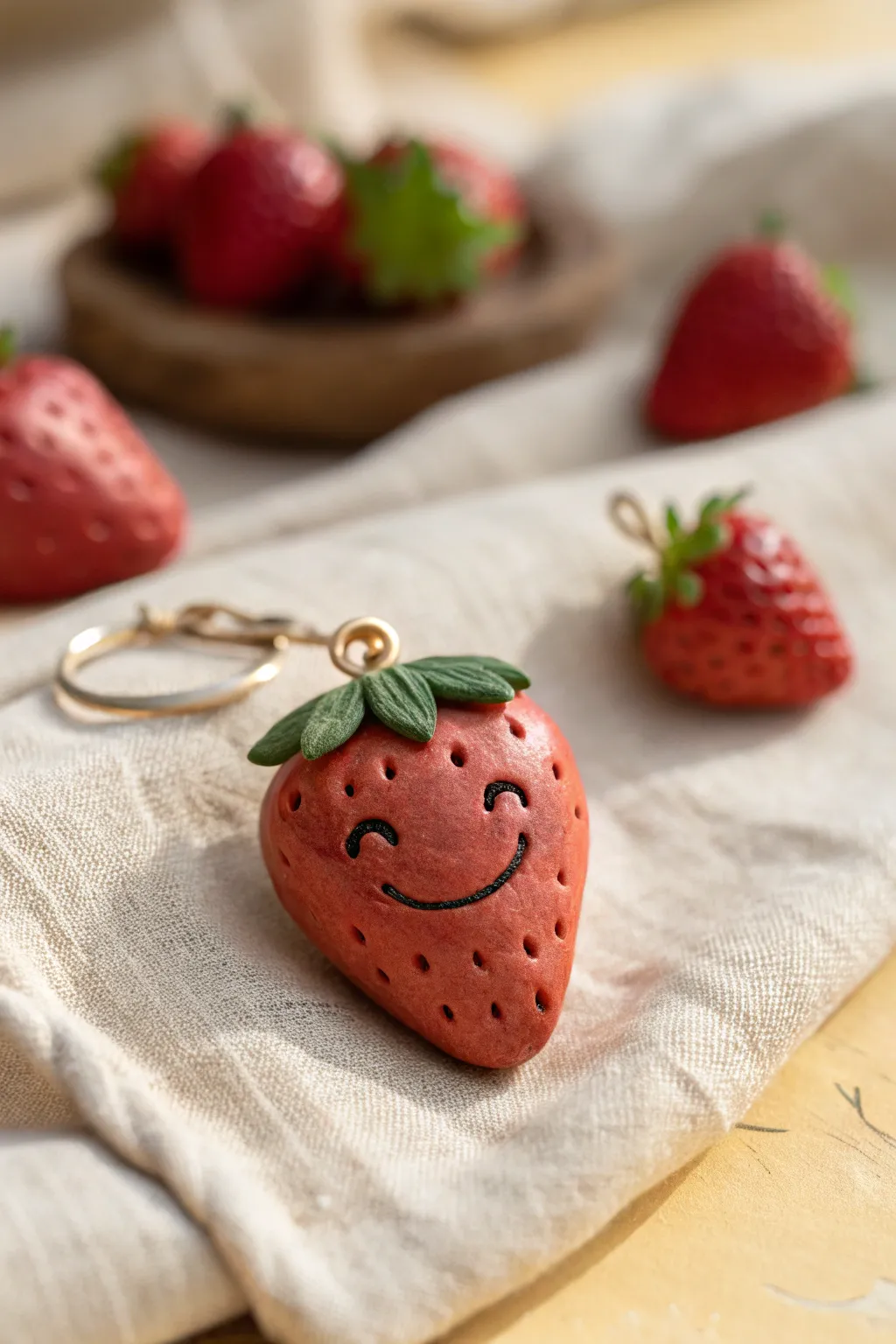 Sweet mini clay strawberry friend charm, kid-friendly and cute for playful fruit-and-veggie crafts.