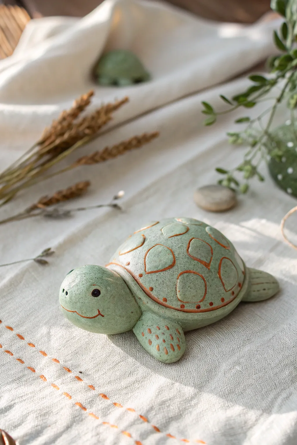 Sweet clay turtle with a stamped textured shell, simple and perfect for preschooler-friendly crafts.