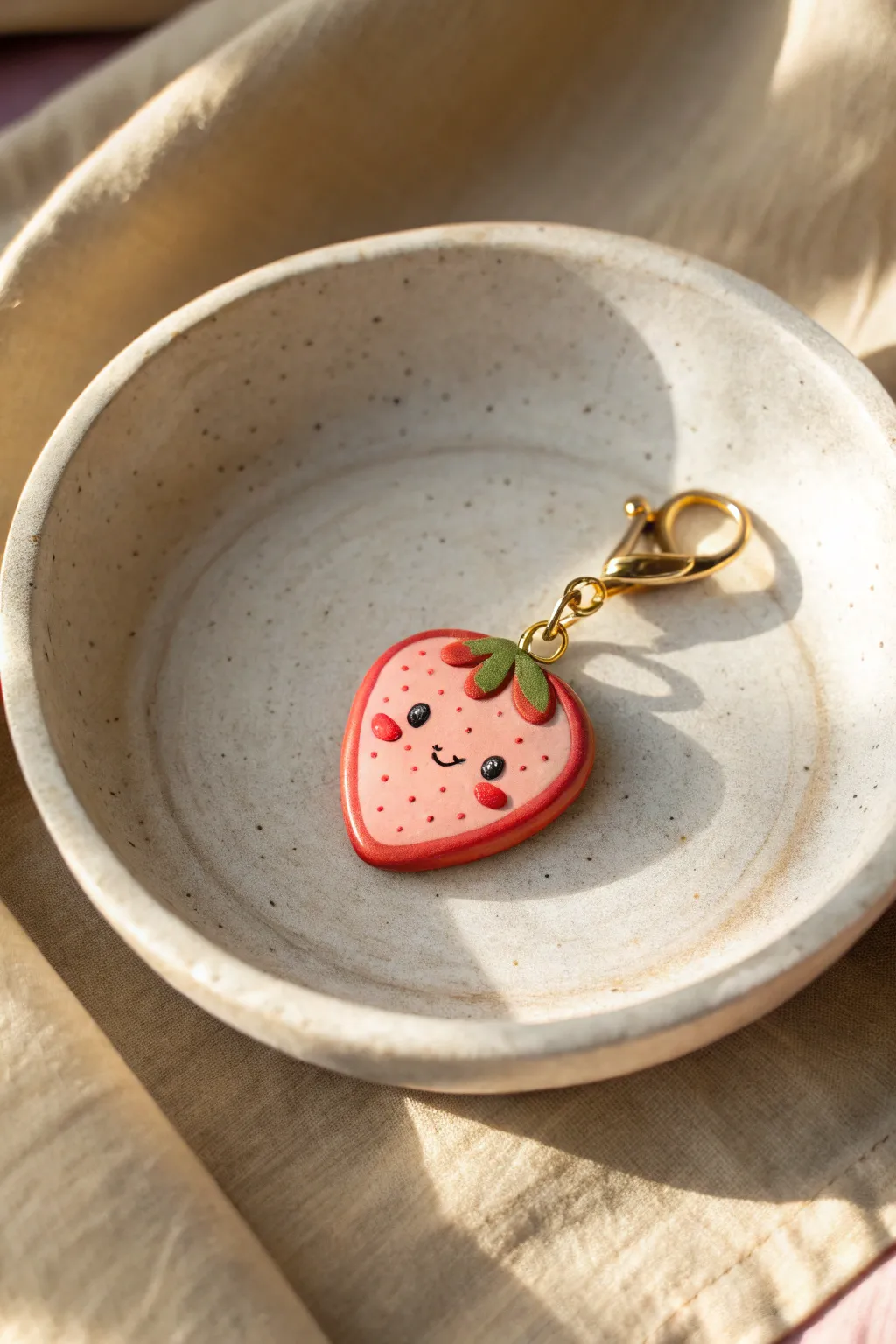 Sweet and simple strawberry slice charm with a tiny face, easy polymer clay jewelry inspo