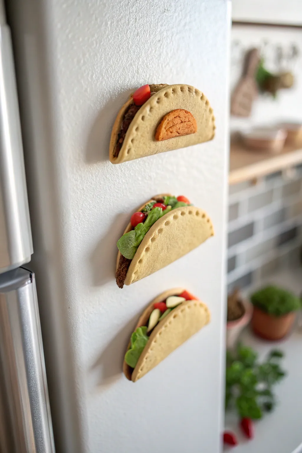 Simple taco fold clay magnets with cozy neutral tones, neatly lined up on a minimalist fridge.