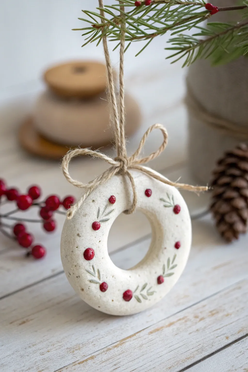 Minimal clay mini wreath with red berry dots and a simple bow, a lovely easy ornament idea.