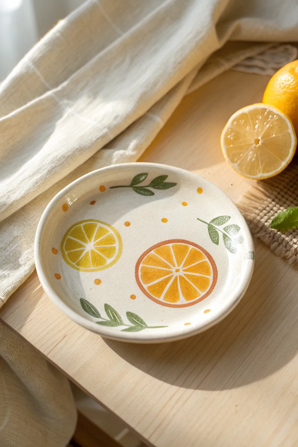 Sunny citrus slice mini plate with simple lemon and orange motifs in a clean, minimalist palette