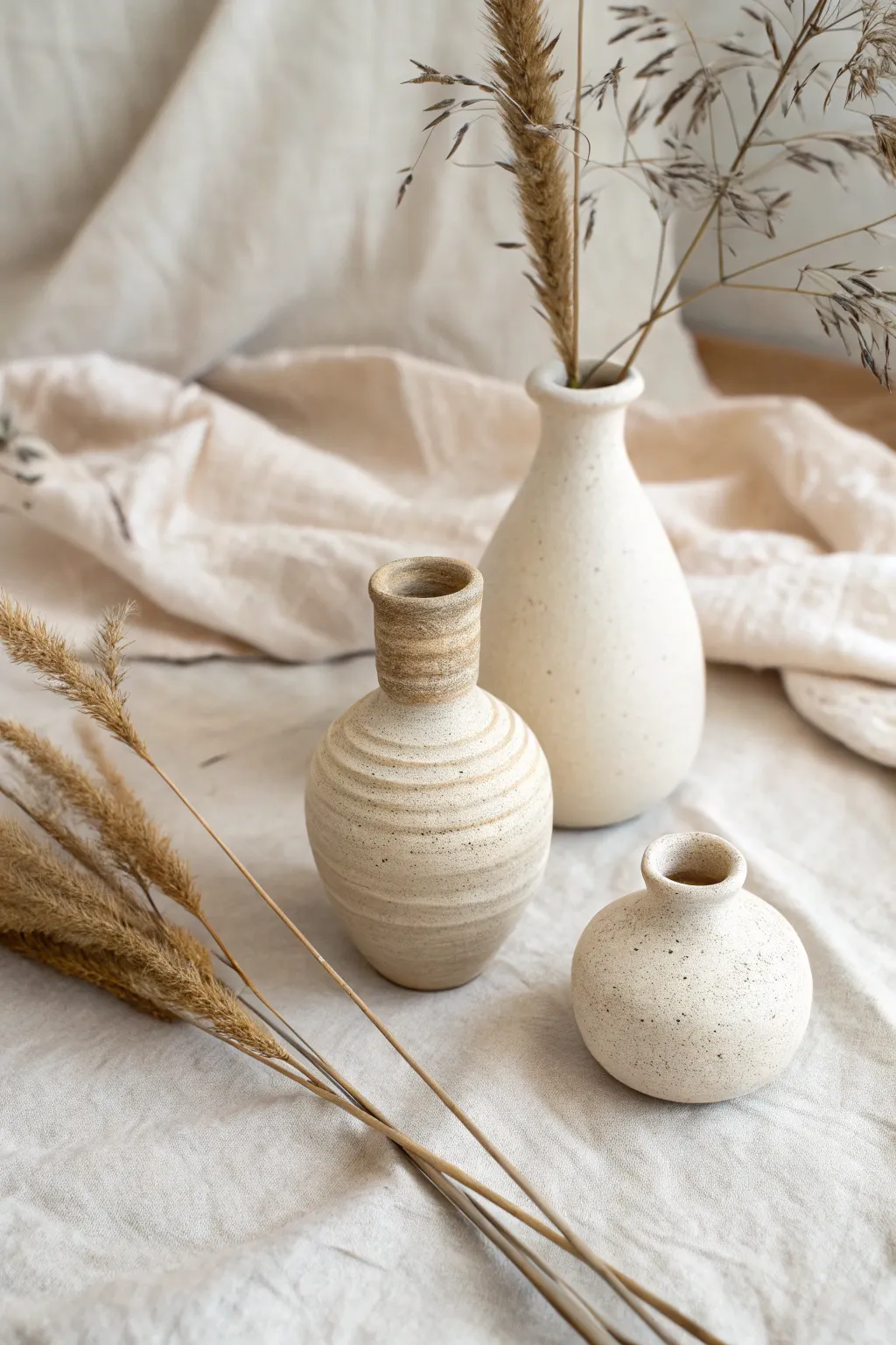 Tiny bud vase trio in simple clay shapes, styled with one dried stem for soft minimal charm