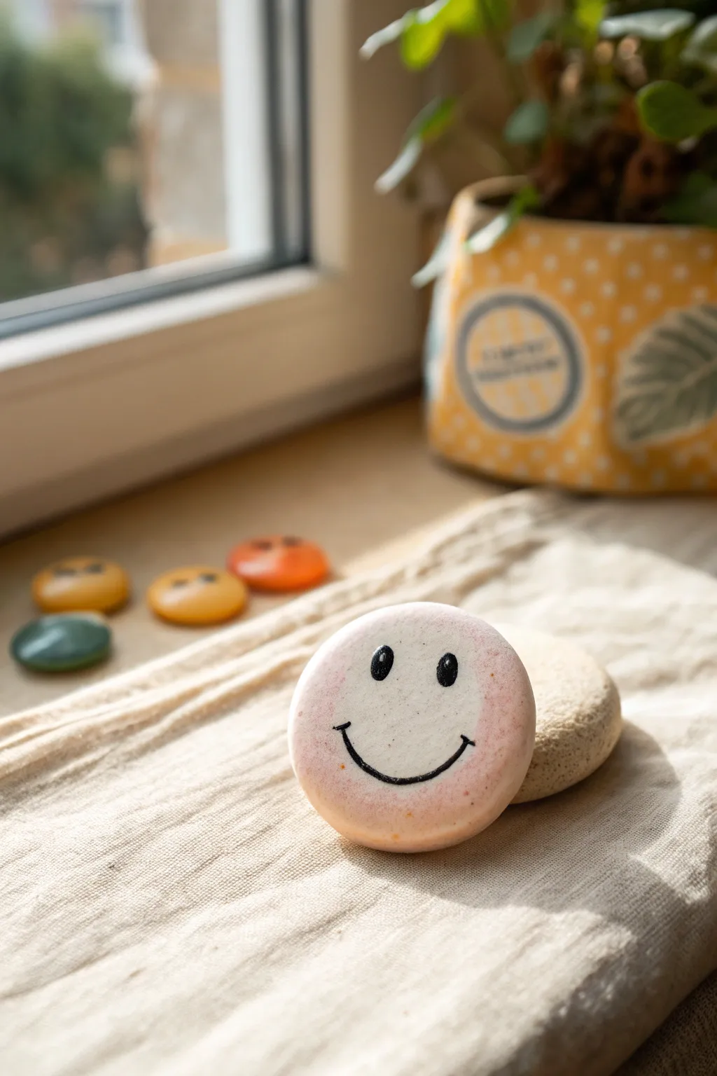 Cheerful handmade clay smiley magnet in soft pastels, minimalist Scandinavian boho vibe.