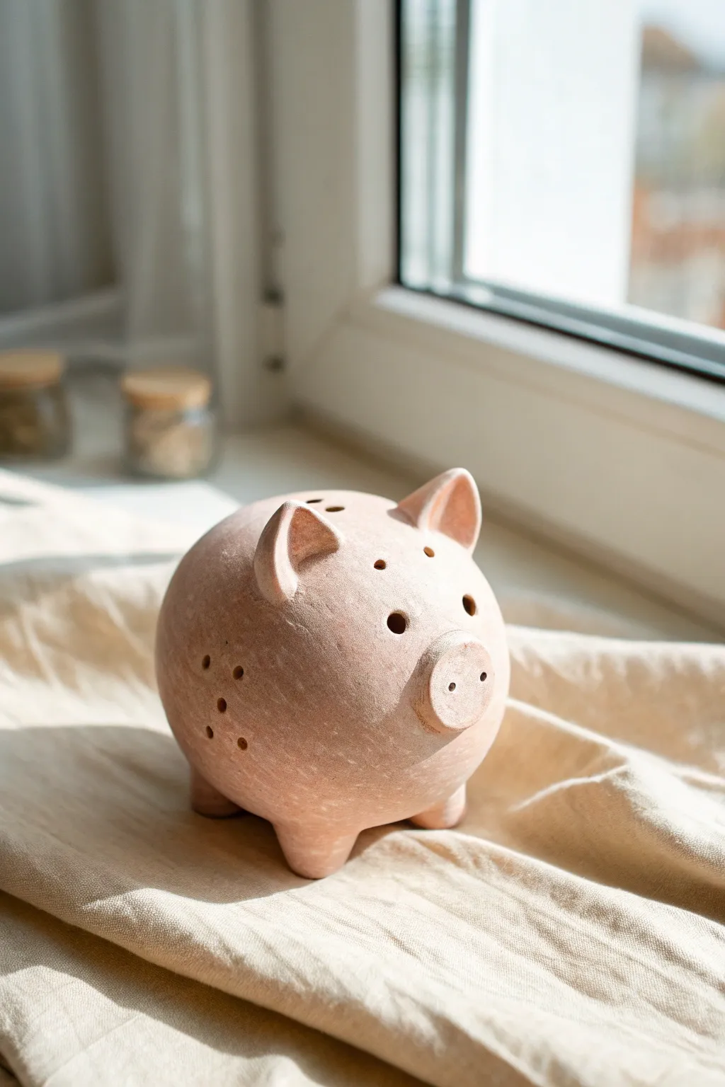 Soft blush piglet clay rattle with minimal details and handmade texture, sweet and simple.
