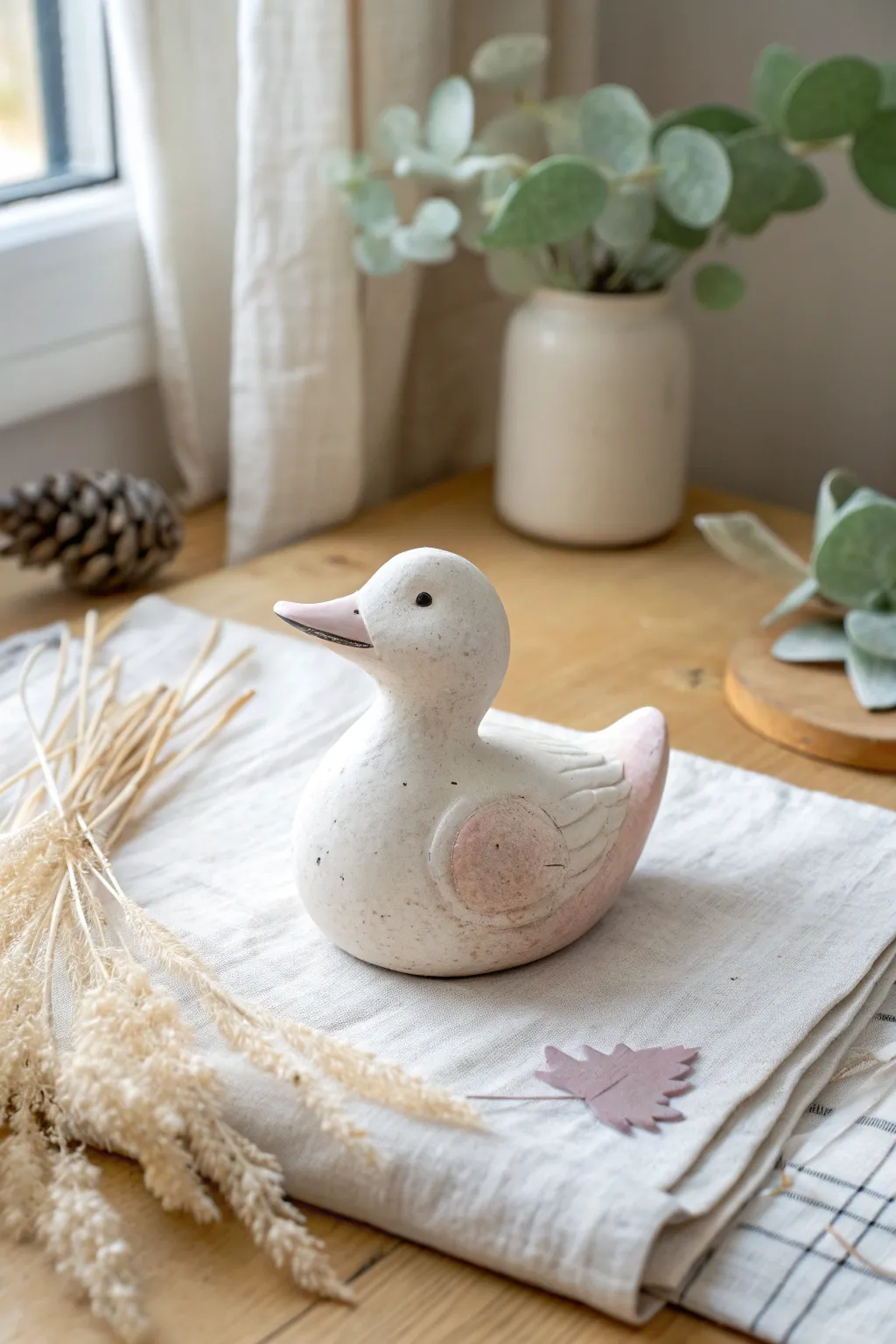 A sweet round clay duck with a tiny beak, soft matte pastel, and calm minimalist charm.