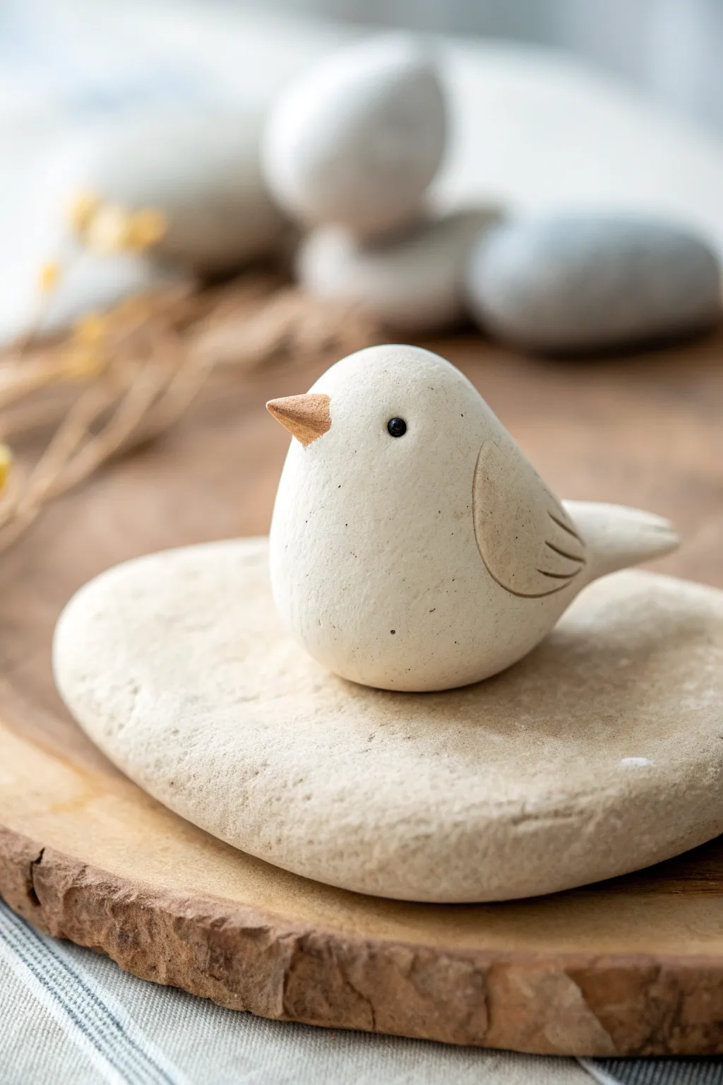 Minimal mini clay bird on a pebble base, an easy beginner sculpture with calm Nordic style