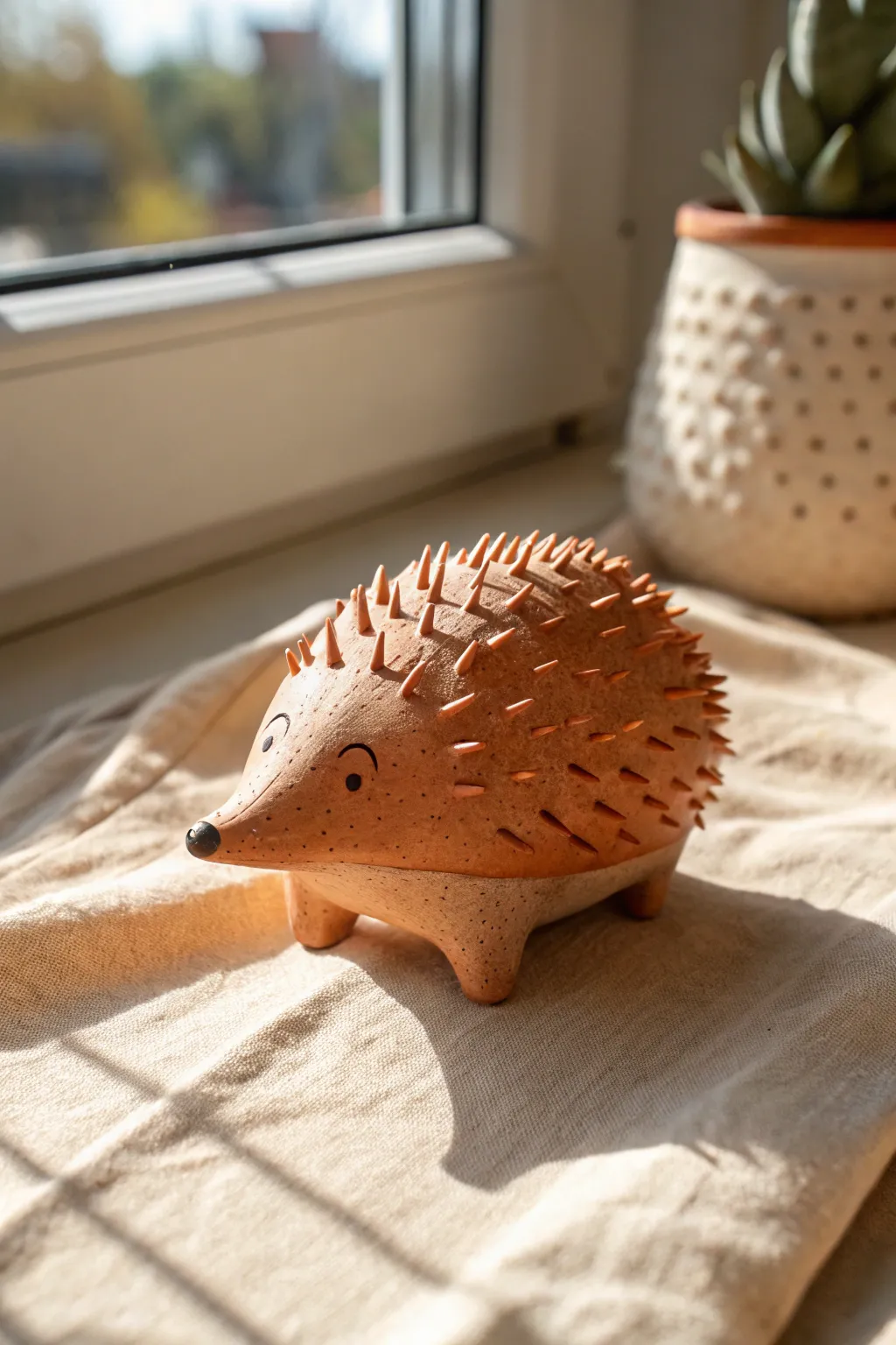 Cute clay hedgehog with toothpick-textured spikes, an easy kids sculpture idea today
