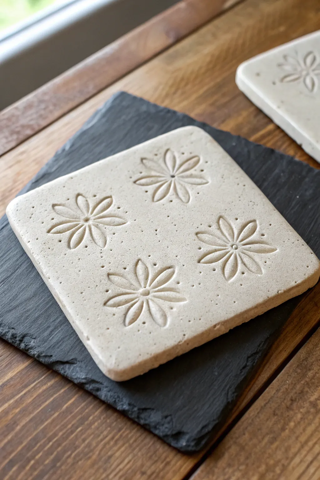 Minimal daisy stamped clay coaster tile for easy pottery stamp ideas, soft and modern.
