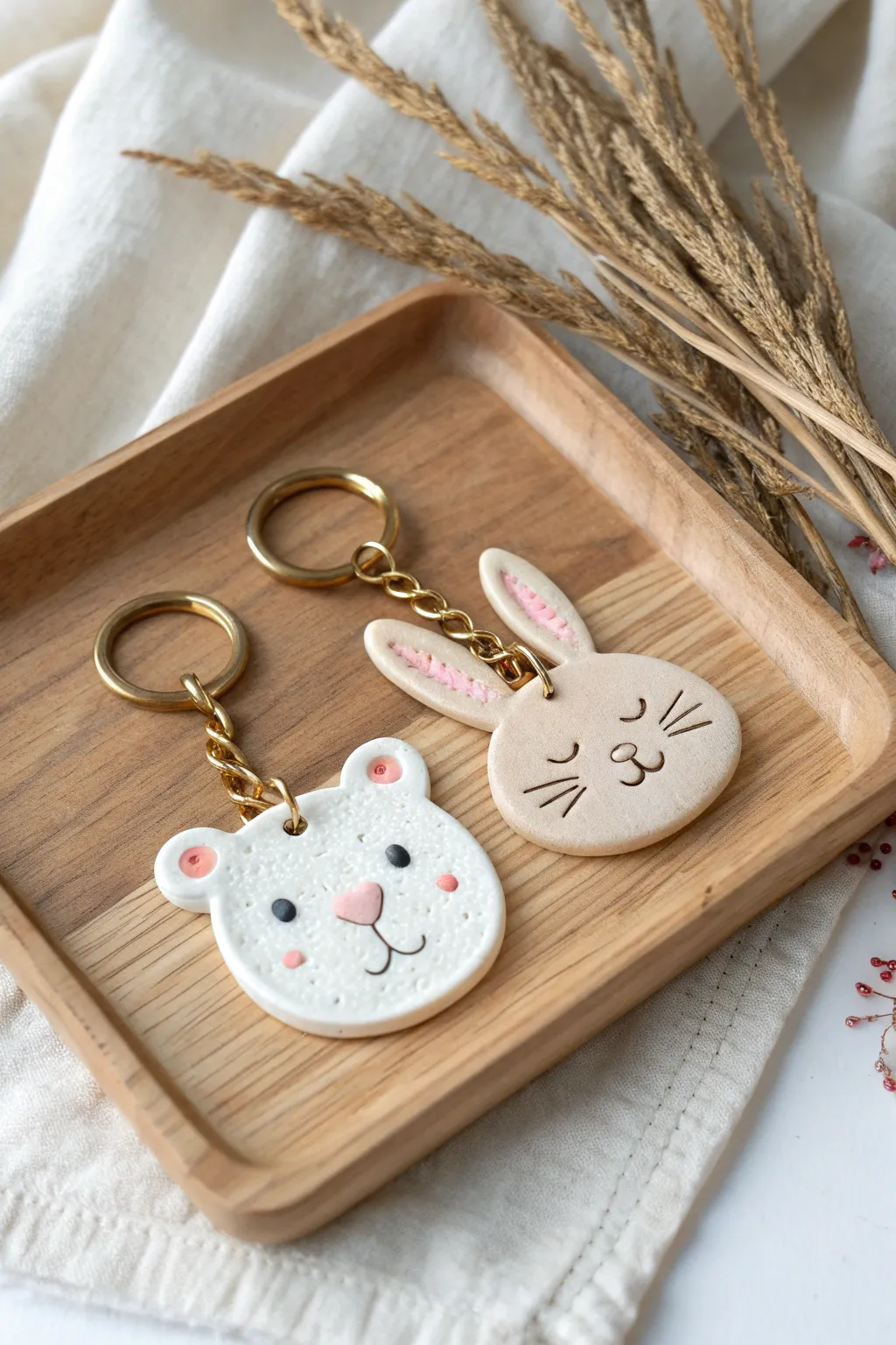 Minimal air dry clay bear, cat, and bunny tags styled as a sweet ready to gift keychain set.