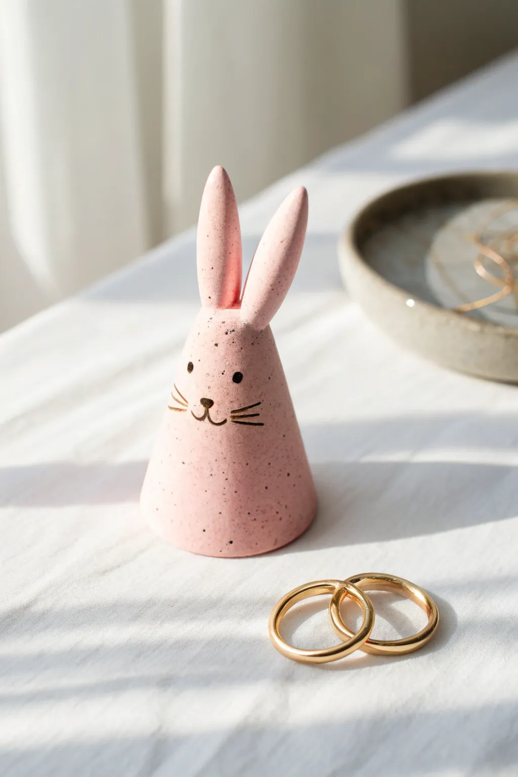 Sweet minimalist bunny ring holder in blush clay, simple ears and gold rings, bright clean vibe