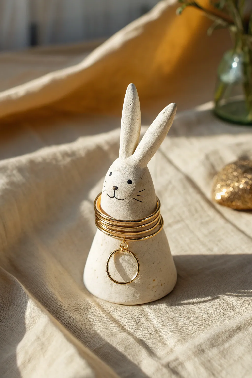 Sweet minimalist bunny ring holder cone, an easy clay project that looks chic on any dresser.