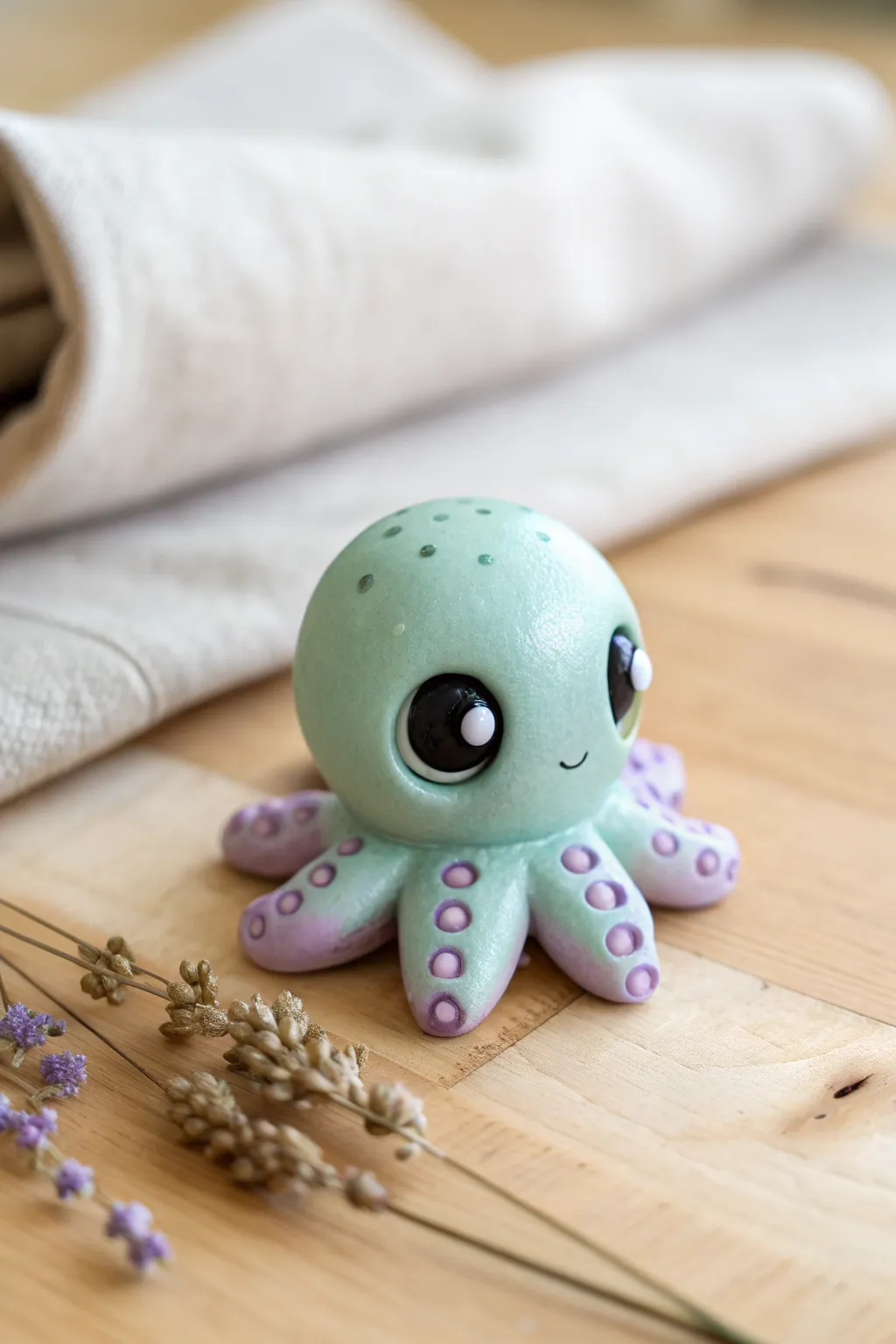 Pocket-size pastel octopus charm, simple polymer clay cuteness with minimalist boho styling.