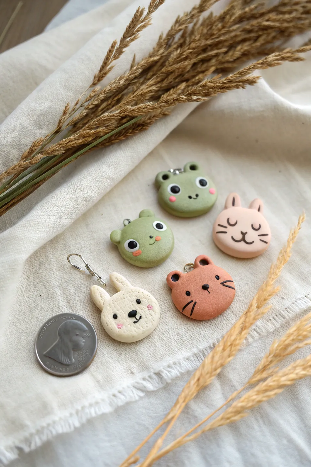 Tiny DIY clay animal charms in a minimalist, boho setup with a coin for size reference.