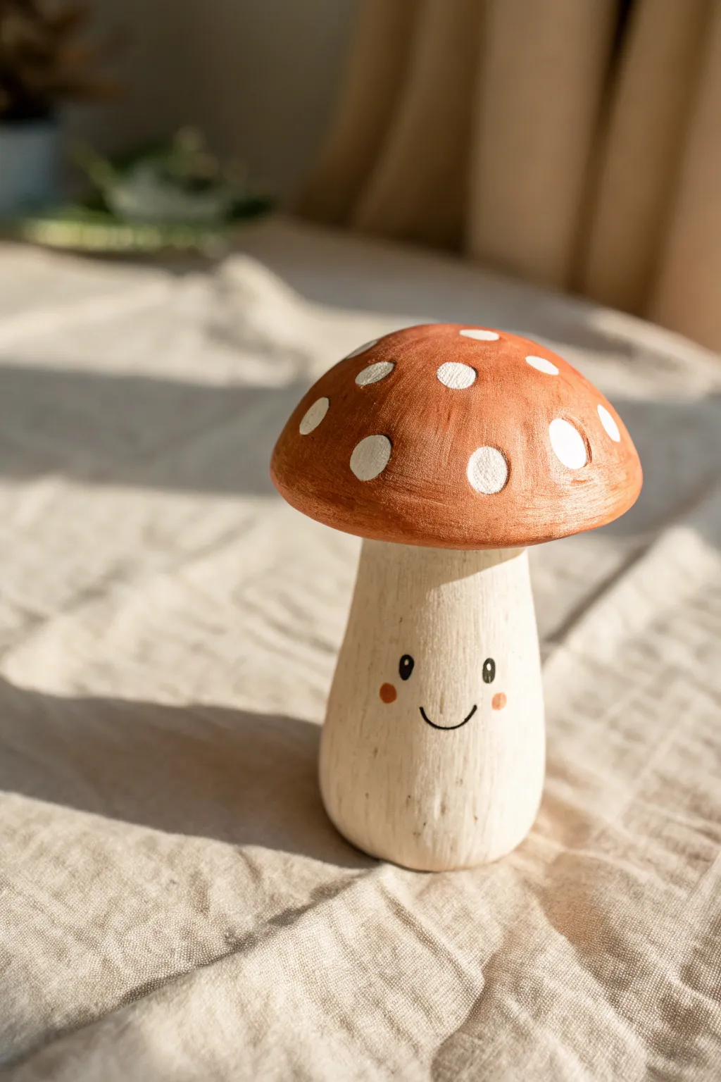 A sweet smiley clay mushroom pal with simple dots and a cozy minimalist, boho vibe