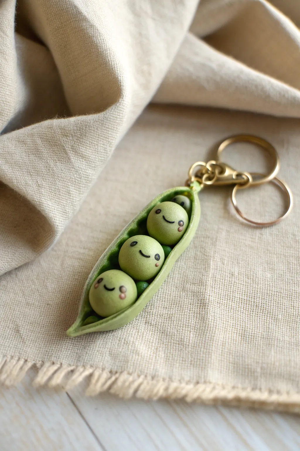 Peas in a pod keychain charm in soft minimalist style, with sweet smiley peas and crisp contrast