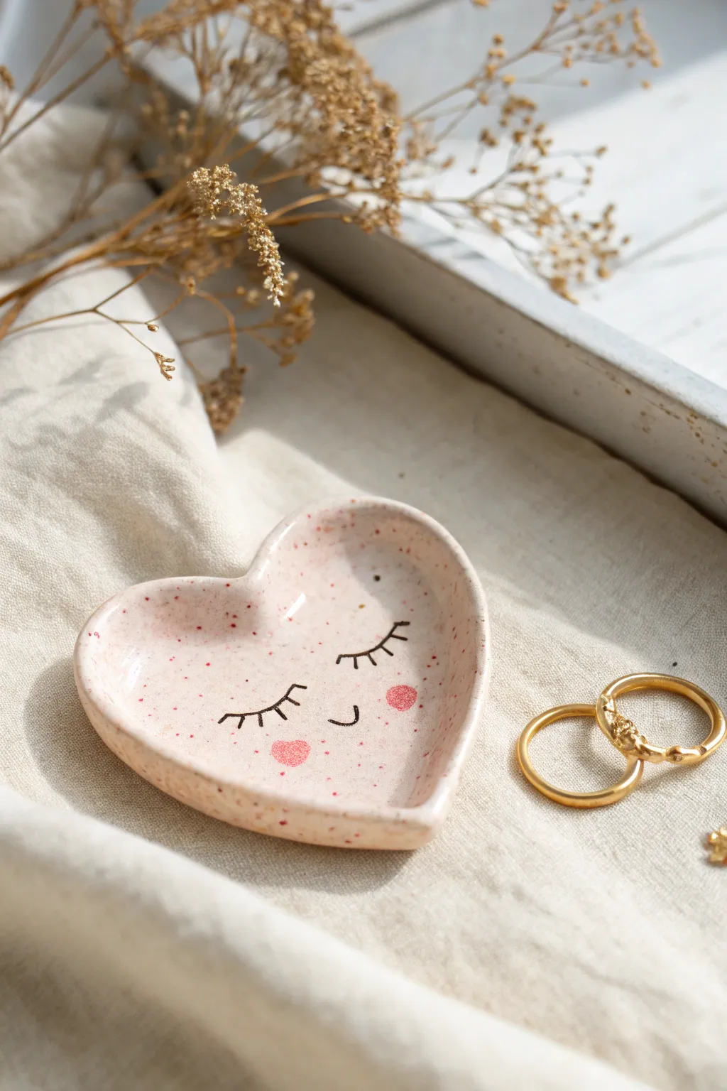 Sweet heart cheek trinket dish with a sleepy face, holding rings for scale and everyday charm.