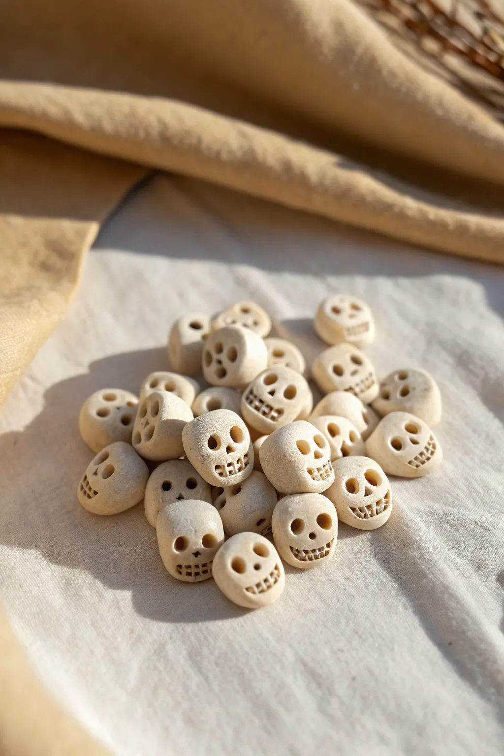 Mini off-white clay skull beads with cute faces, ready to string for easy Halloween decor.
