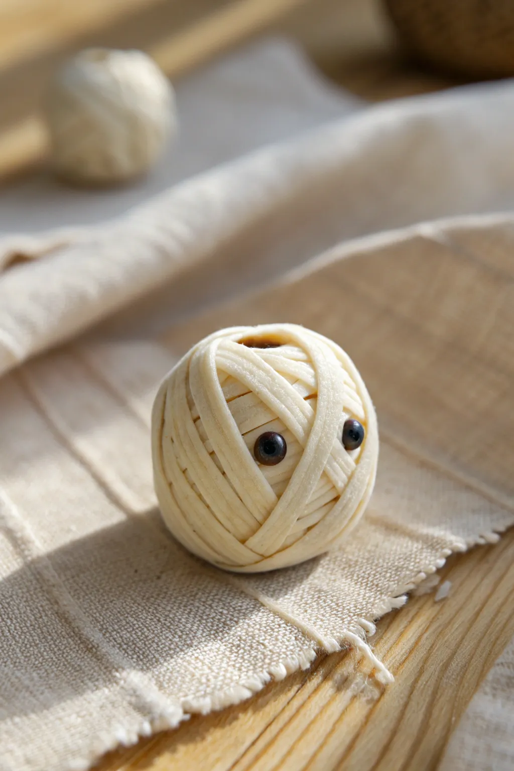 Peeky-eyed mummy polymer clay beads in soft neutrals, a simple Halloween charm idea.