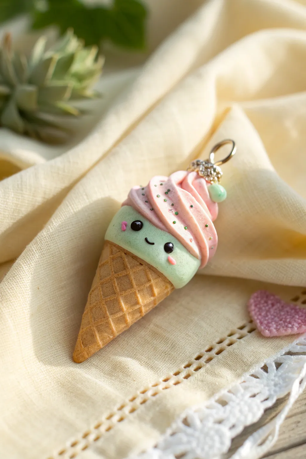 Pastel kawaii ice cream cone charm with sprinkles and a sweet smile, easy beginner clay idea
