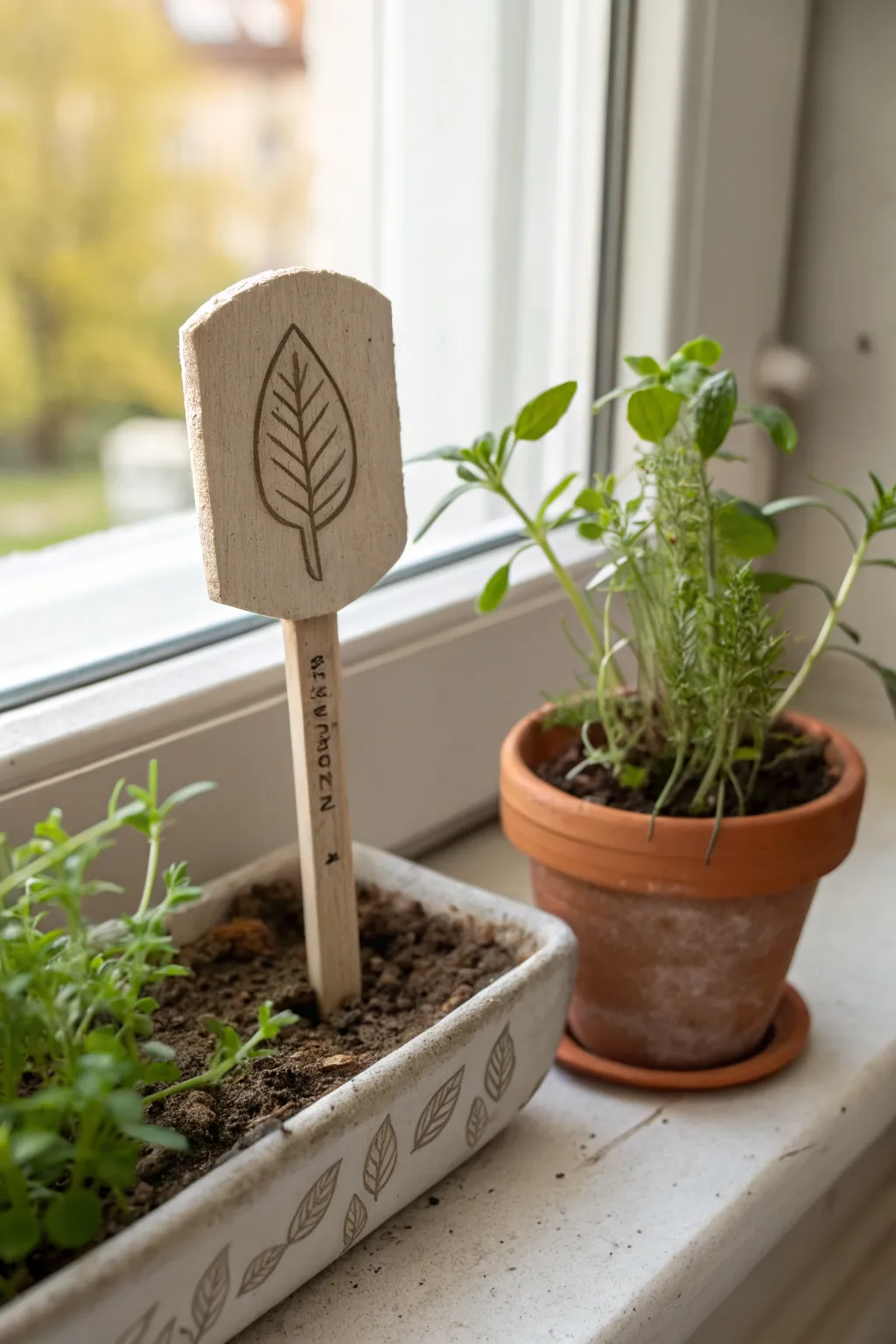 Handmade clay herb marker on a sunny windowsill, minimal, warm neutrals, and cozy boho calm.