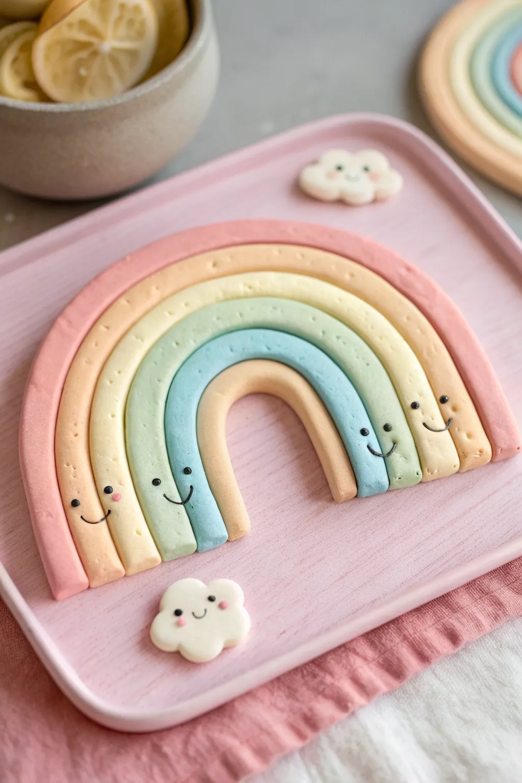Cute smiley rainbow clay plaque with cloud ends, styled minimal on a pastel backdrop