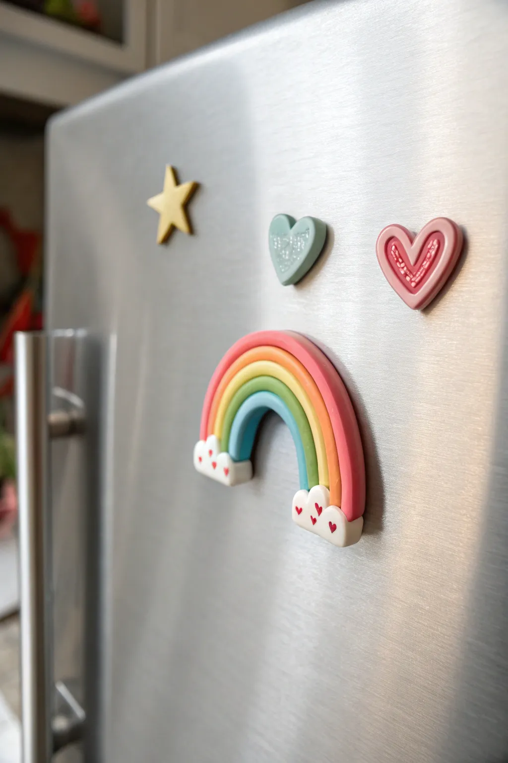 Quick DIY polymer clay rainbow magnet with tiny heart accents, minimal boho fridge decor.