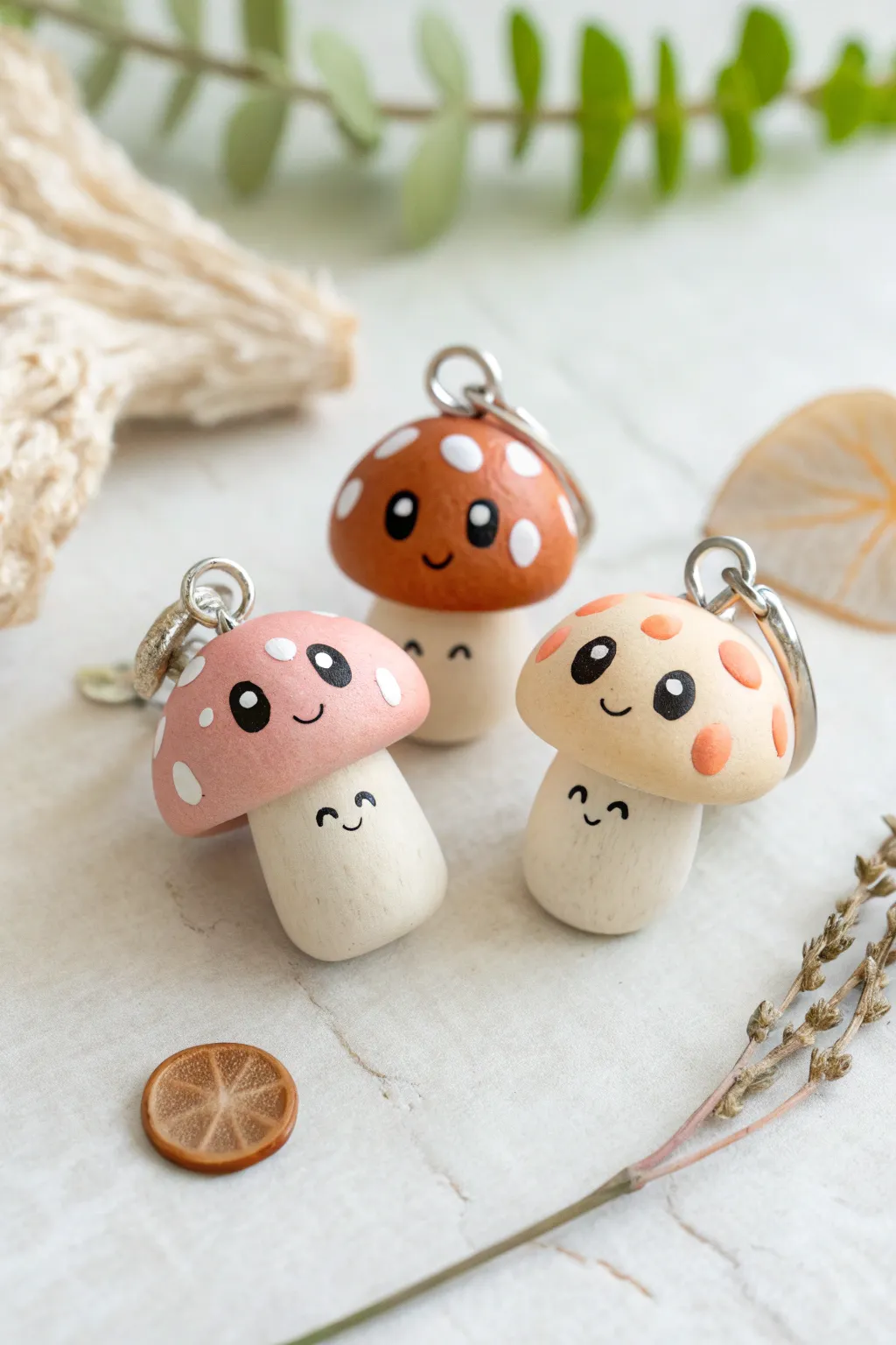 Sweet mini mushroom charms in soft earthy pastels, perfect first polymer clay project