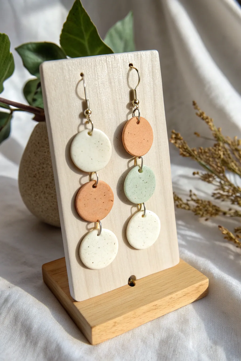 Minimal stacked polymer clay disc dangle earrings in warm neutrals, styled clean and modern.