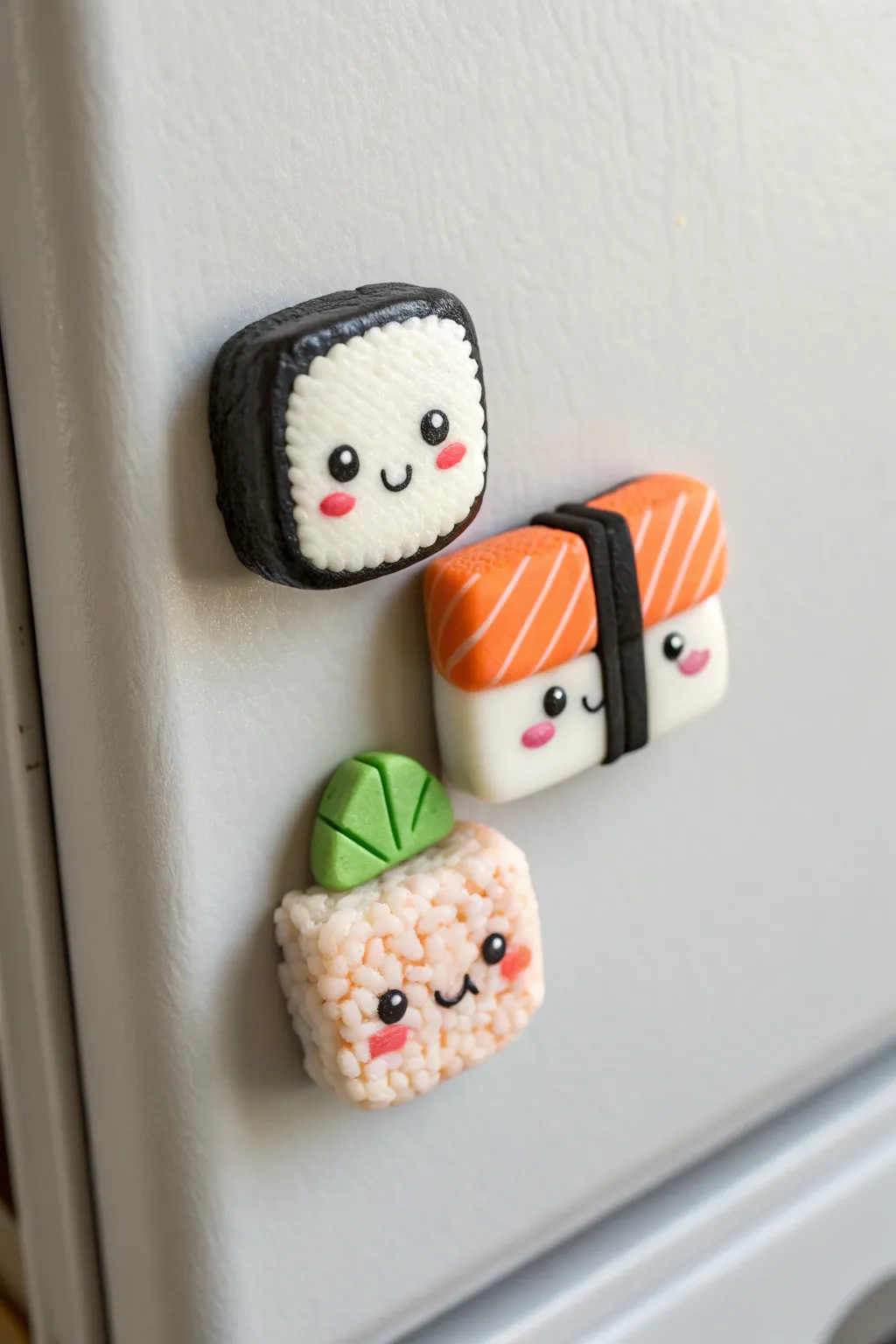 Three smiling sushi polymer clay magnets brighten a minimalist fridge with cozy Scandinavian charm.