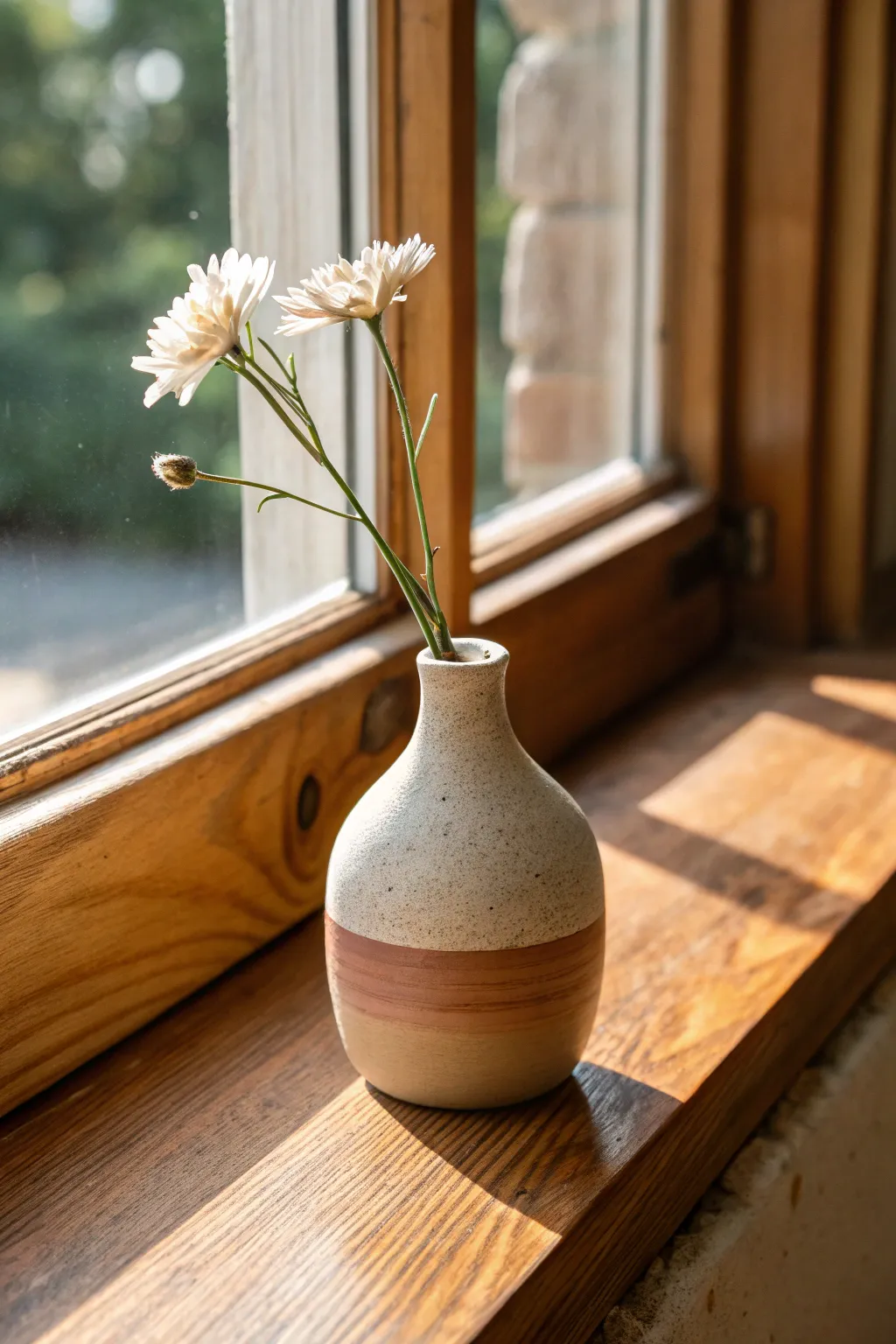 A sweet asymmetric bud vase with an easy two-tone dip glaze, glowing on a sunny sill